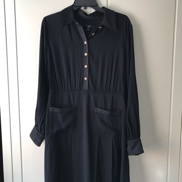 J. Crew Black Shirt Midi Dress Pleated Skirt Glass Buttons - Picture 3 of 13